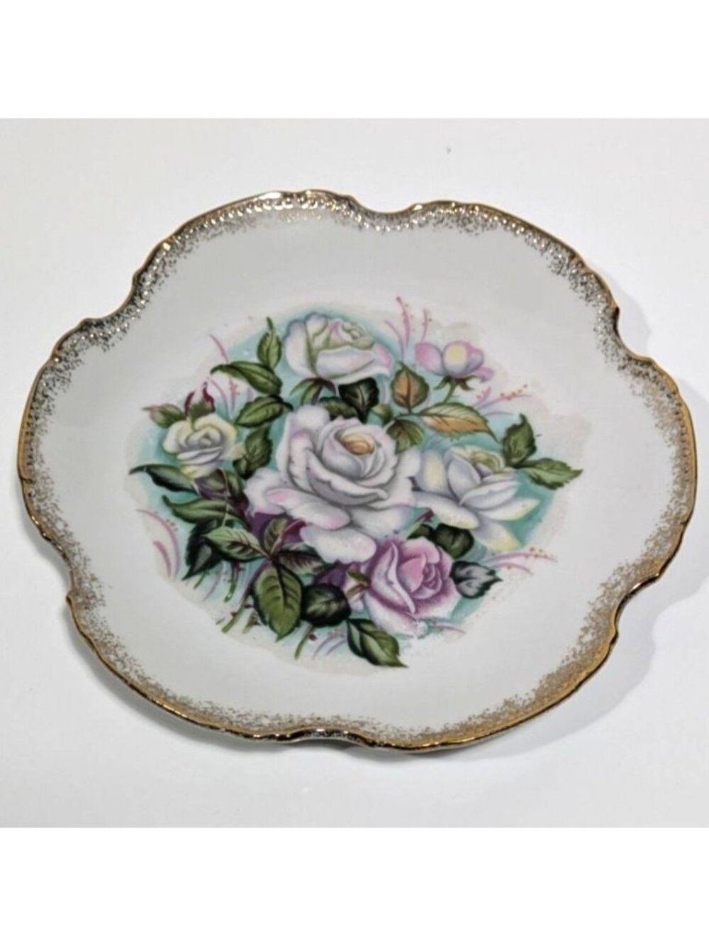Decorative Floral Wall Plate Pink White Purple Roses Gold Trim Scalloped Edges